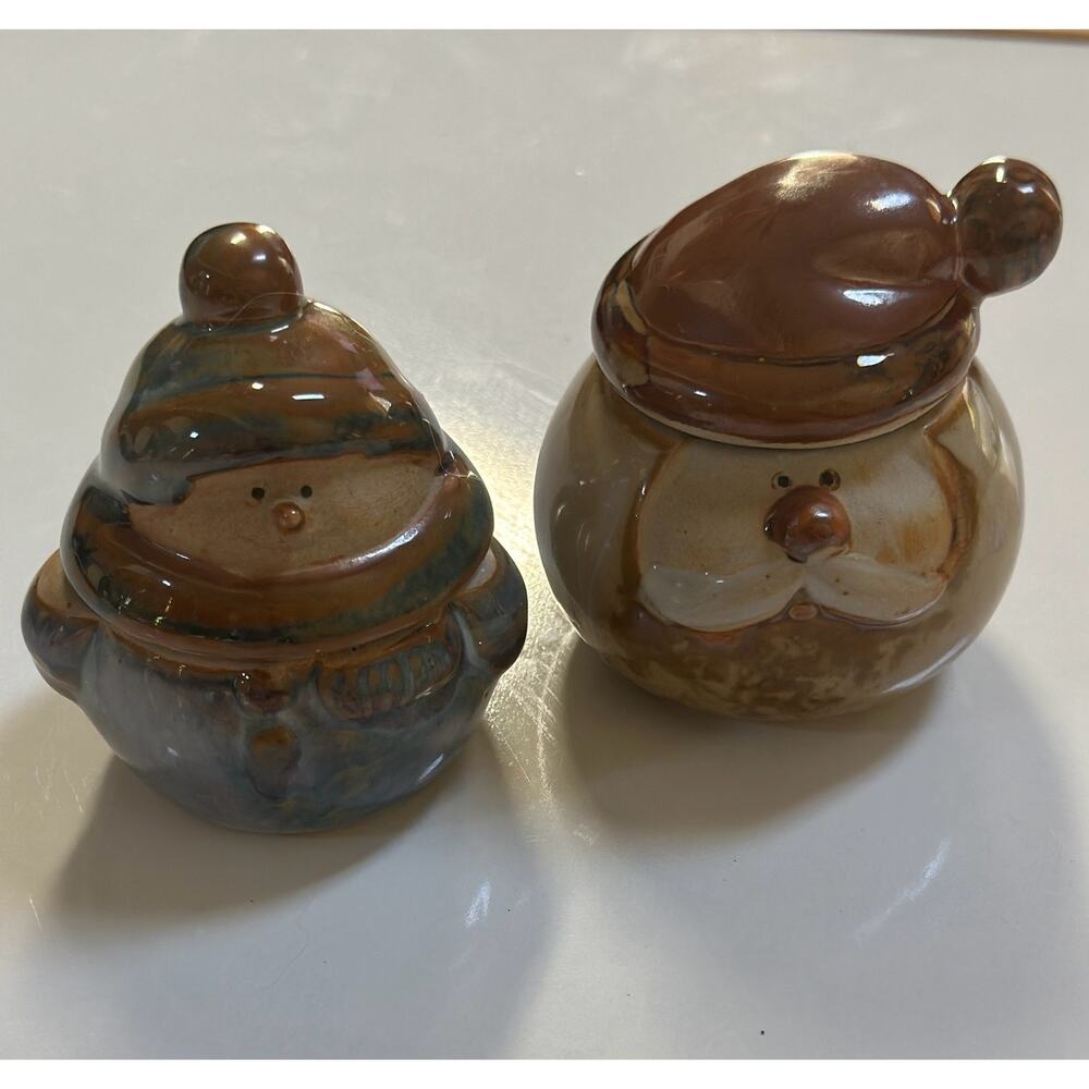 Set of 2 Christmas Snowman Santa Folk Art Stoneware Pottery Jar or Trinket Box - Picture 1 of 15